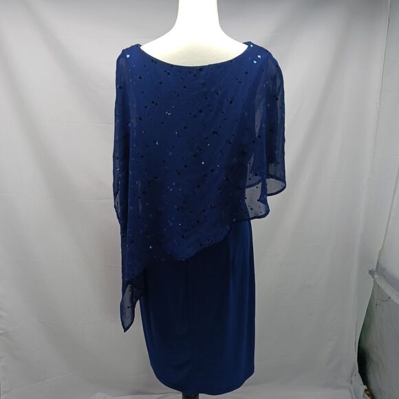 AA Studio Elegant Blue Midi with Sheer Sequin Overlay Size 16. Scoop Neckline... - Picture 3 of 8